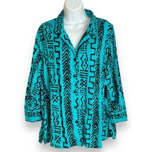 Tianello Blouse Tencel Rayon Mud Print‎ Bright Teal Abstract Tribal Women Small